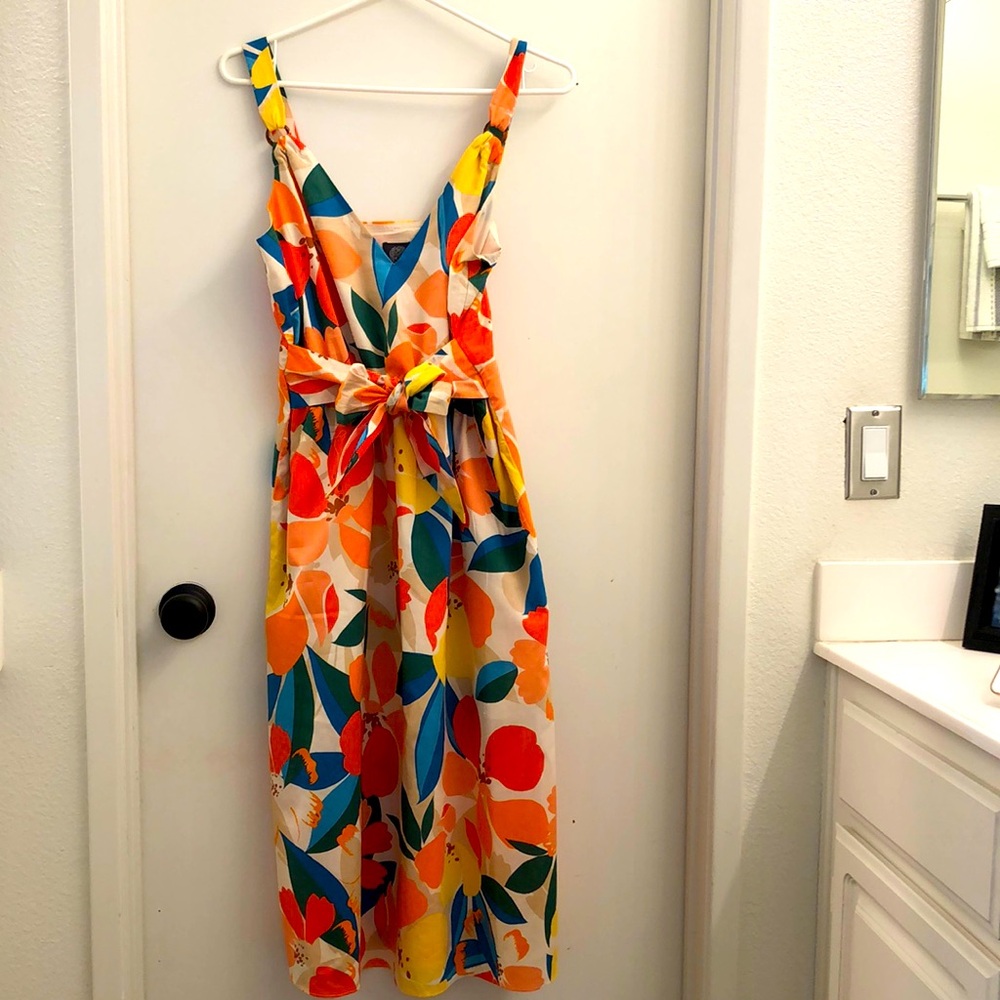 Vince Camuto Multicolor Floral Midi Dress - Cream, Orange, Yellow, Blue, Green